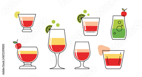 Refreshing cocktails collection: Vector illustration of vibrant layered drinks with citrus garnish