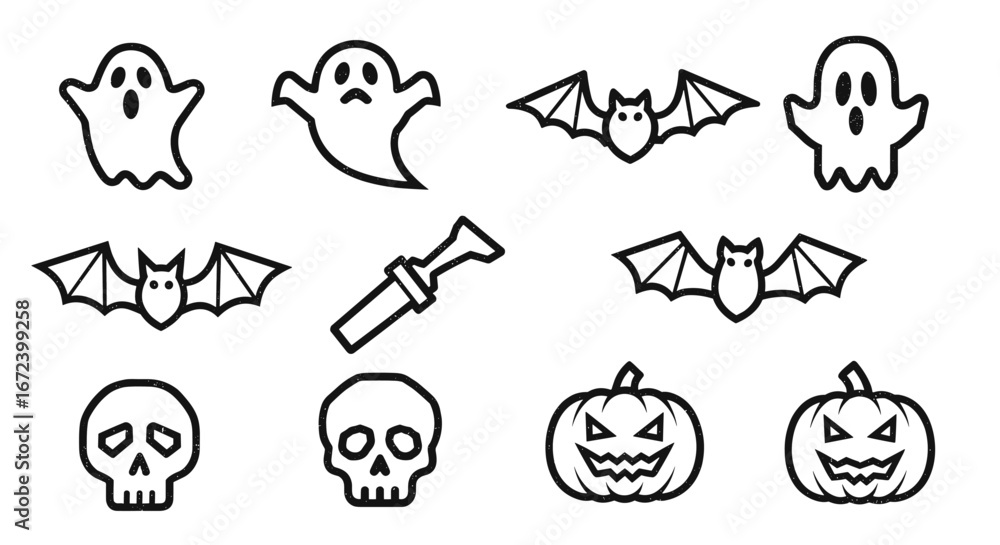 Naklejka premium Spooky Halloween icons including ghosts, bats, pumpkins, and skulls for festive designs and projects