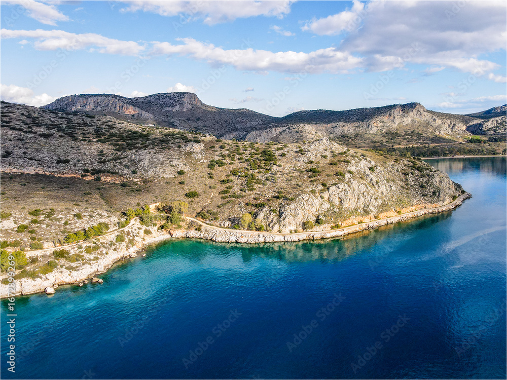 Obraz premium Aerial seascape near Nafplio Coast and Karathona Beach winter day in Mediterranean Sea Greece