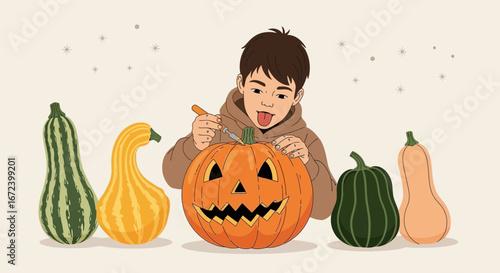 A Young Boy Carving A Pumpkin With Several Different Gourd Varieties Nearby