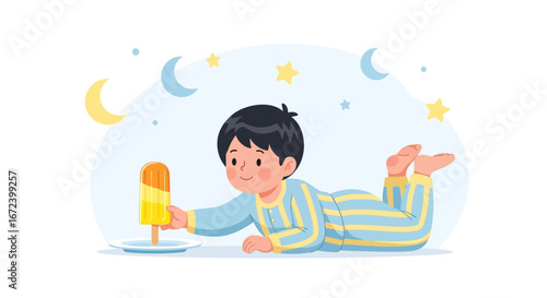 A Young Boy Enjoying Popsicle Under the Night Sky Illustrated in a Flat Vector Style