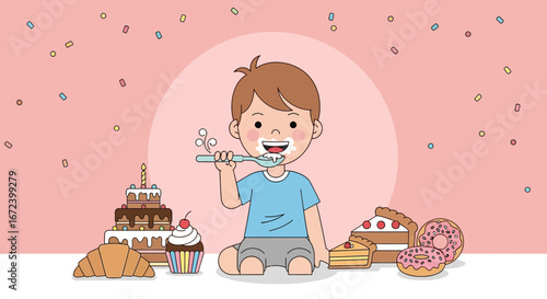 A Young Boy Happily Eating Sweets, Surrounded by Delicious Desserts and Treats