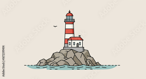 Lighthouse standing tall on rocky island in the sea