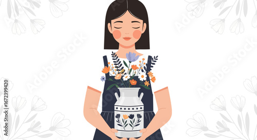 A Gentle Soul Holding a Vase Filled With Poetic, Peaceful, And Elegant Flowers