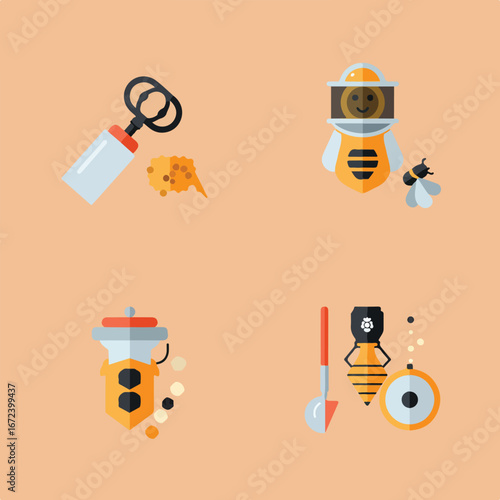 Apiary Items Illustrations Collecting Honey & Beekeeping Equipment on Background