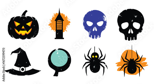 Spooky Halloween symbols and festive designs featuring pumpkins, skulls, spiders, and witch hats