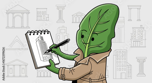 A Green Leaf Illustrative Character Drawing Architectural Building Sketches with Expertise