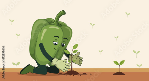 A Green Pepper Cartoon Character Joyfully Planting a Seedling in Fertile Earth