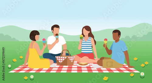 A Group Enjoys Outdoor Recreation With Ice Cream Cones And A Relaxing Picnic