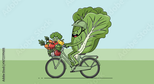 A Happy Leafy Character Riding a Bike Delivers Fresh Vegetables For Healthy Eating