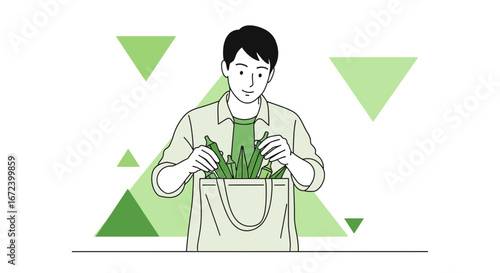 A Man Arranging Vegetables in a Bag, Illustrating Healthy Eating Habits and Fresh Produce