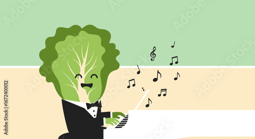 A Lettuce Character Serenading with Piano Music Amidst Whimsical Musical Notes