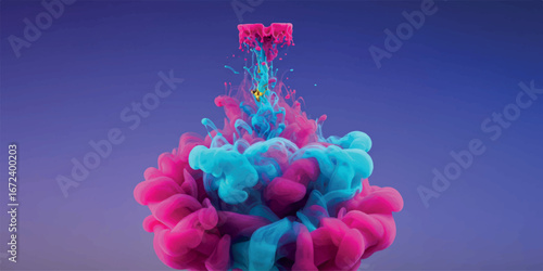 Vibrant explosion of pink and turquoise ink swirling in water against a soft purple gradient background, creating an abstract, dynamic cloud formation