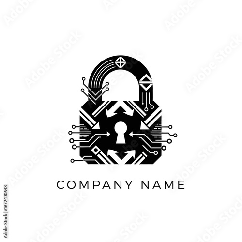 Cybersecurity Lock Logo with Circuit Board Elements.