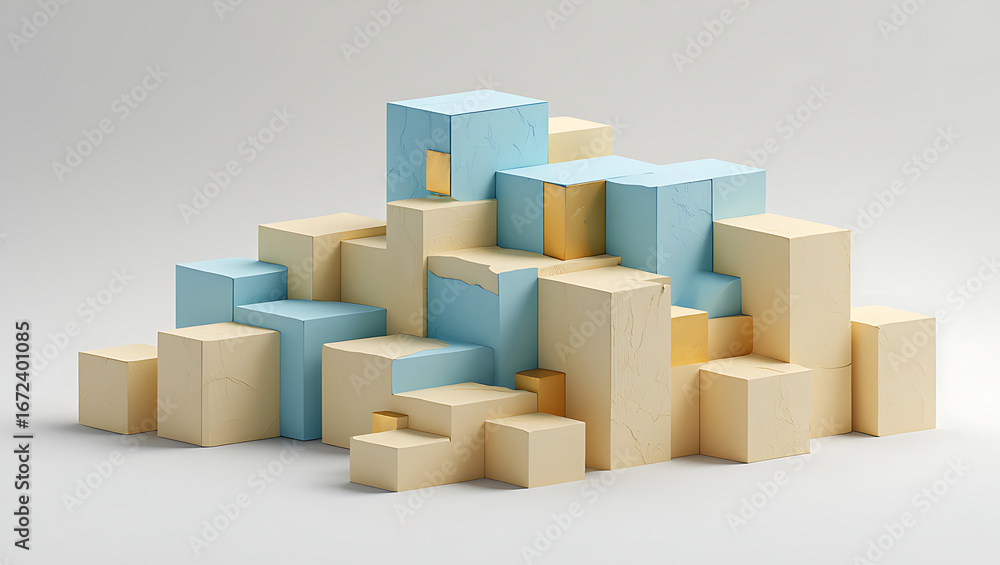 Fototapeta premium An abstract arrangement of light blue and beige geometric blocks stacked in a dynamic, uneven formation on a white background