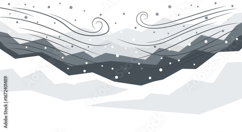 Abstract Winter Landscape Depicting Wind, Snowfall, and Mountainous Terrain Design