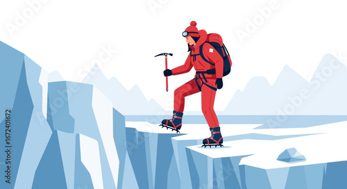 Adventurous Climber Bravely Ascending Ice Cliff with Equipment, Vector Illustration