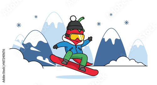 Adventurous Chili Pepper Snowboarding Amidst Majestic Mountains and Falling Snow