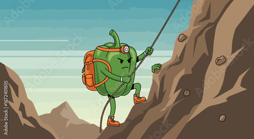 Adventurous Green Pepper Climbs A Rocky Mountain, Facing Challenges With Determination