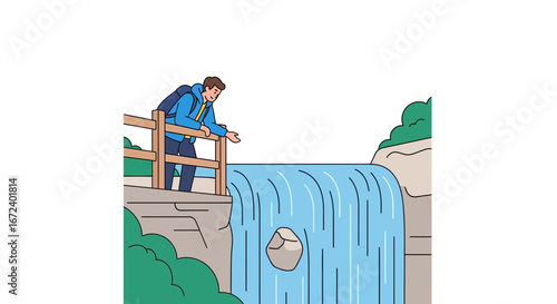 Adventurous Hiker Appreciating Scenic Waterfall View In A Natural Landscape Setting