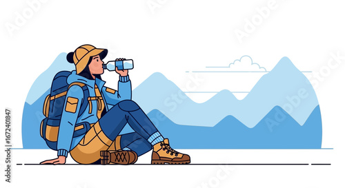 Adventurous Hiker Drinks Water, Taking A Refreshing Pause During Mountainous Trail Exploration