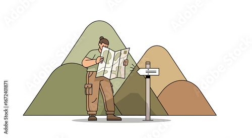 Adventurous Hiker Examining Map For Guidance During A Mountain Journey Venture