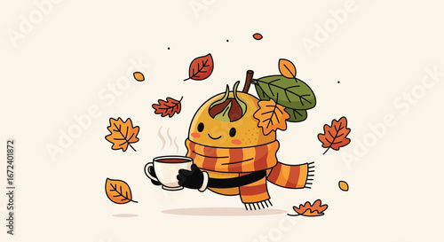 Adorable Autumn Character Enjoying Hot Beverage Amidst Falling Colorful Foliage