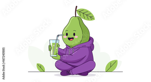 Adorable Avocado Cartoon Character Enjoying a Refreshing Drink in a Comforting Setting