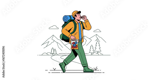 Adventurous Hiker Relishes Snacks On Trails, Enjoying Mountains And Scenic Views