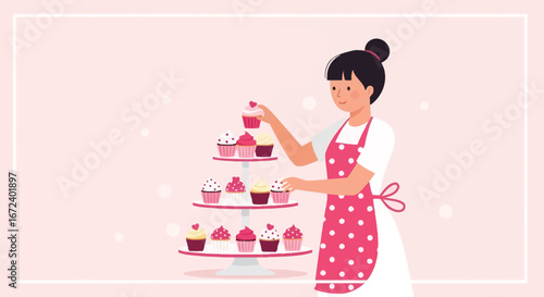 Adorable Baker Presenting Sweet Cupcakes on a Tiered Stand in Delightful Pink Tones