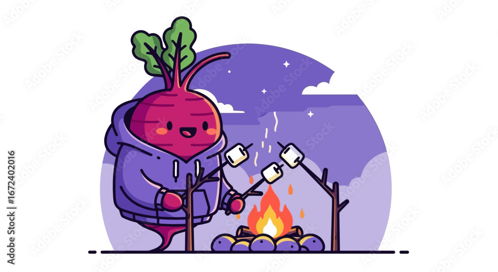 Naklejka premium Adorable Beetroot Character Roasting Marshmallows Over Campfire At Night, Sweet Illustration