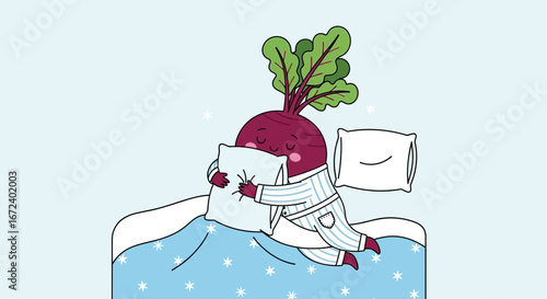 Adorable Beetroot Character Enjoys Peaceful Sleep In Cozy Pajamas And Dreamy Bedtime Scene
