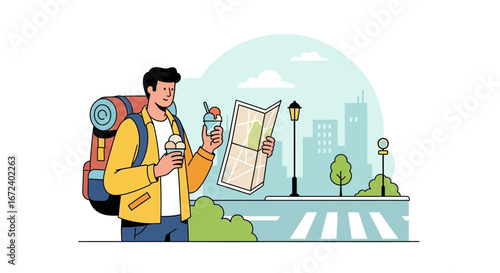 Adventurous Traveler Enjoying Treats While Exploring A City With A Map In Hand