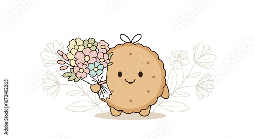 Adorable Biscuit Character Presenting a Bouquet of Colorful Floral Arrangements