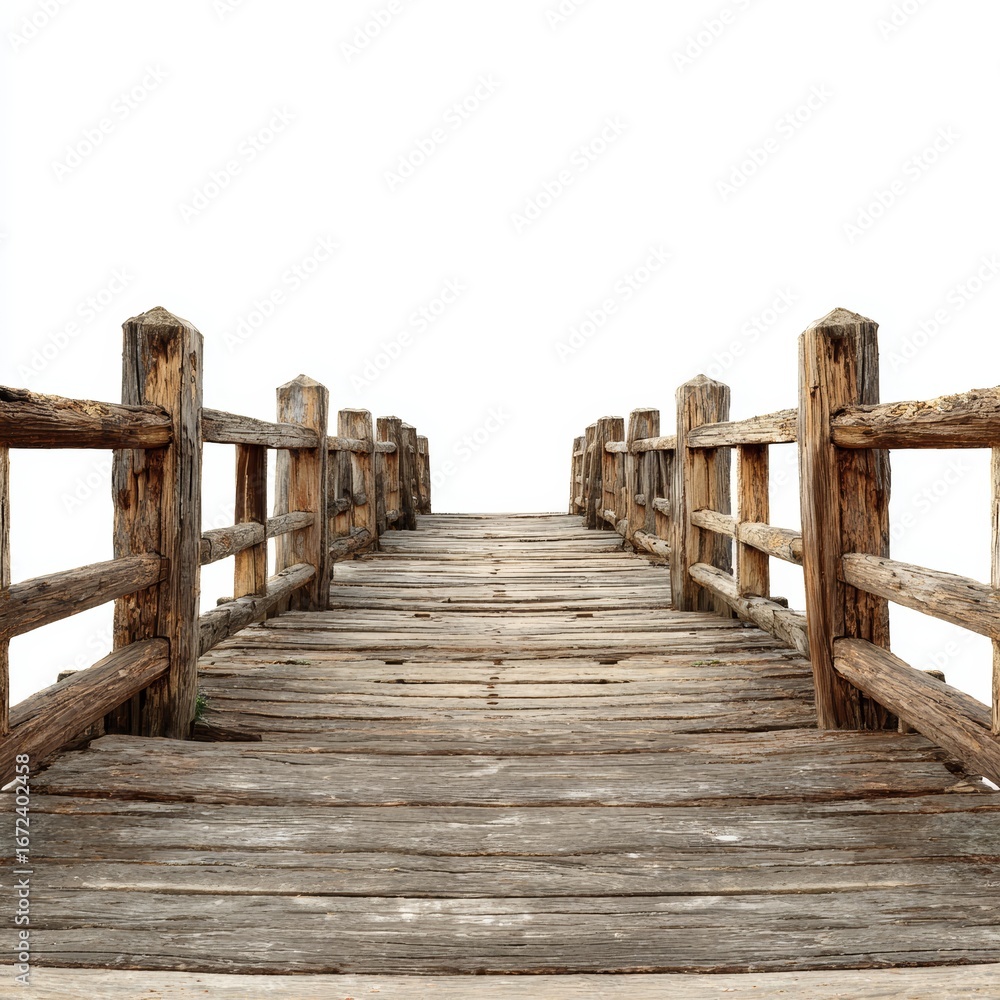 Fototapeta premium A wooden bridge leads to an unknown destination against an inviting sky. The detailed design is shown in the wood, demonstrating craftsmanship and design