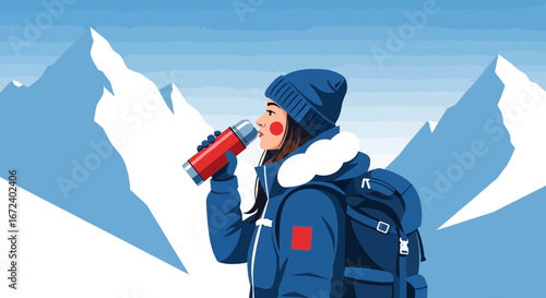 Adventurous Woman Sipping From a Thermos Bottle in a Serene Mountain Landscape