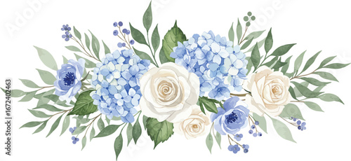 Beautiful bouquet of white and blue flowers with green leaves arrangement