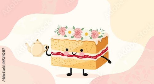 Adorable Cake Slice Character Holds Teapot And Ready For Afternoon Tea Party Celebration