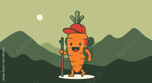 Adorable Carrot Explorer Embarking on a Hiking Adventure in a Scenic Mountainous Region