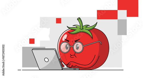 Aggravated Tomato Character Working Seriously On Laptop Surrounded By Graphic Elements
