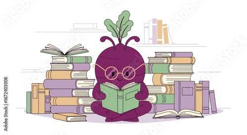 Adorable Cartoon Character Reading Books with Spectacles Surrounded by Literature