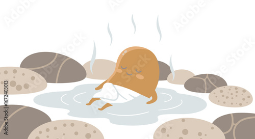 Adorable Cartoon Character Relaxes In A Hot Spring, Enjoying A Spa Moment