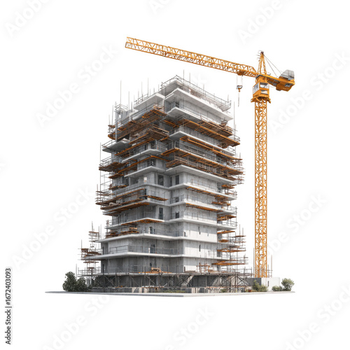 Modern high rise building under construction with a yellow tower crane isolated on transparent background