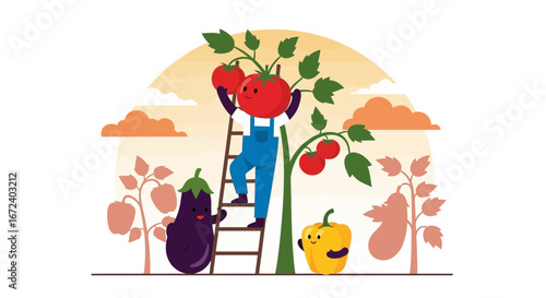 Agricultural Worker Harvesting Tomatoes With Cheerful Vegetables In The Garden Setting
