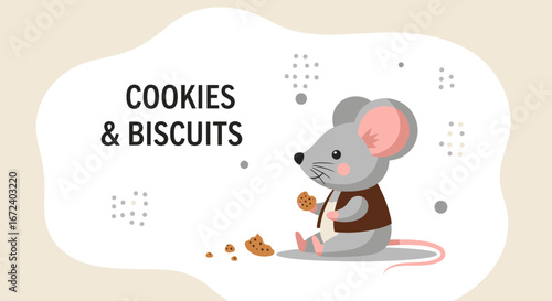 Adorable Cartoon Mouse Enjoying Cookies and Biscuits Treats on a Whimsical Background