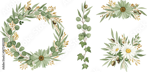 Watercolor floral wreaths and bouquets with greenery on white background