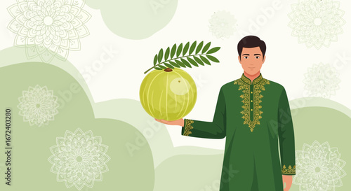 Amla Fruit's Presentation Depicted By a Smiling Person in Traditional Attire