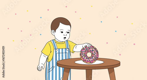 Adorable Child Examining a Delightful Donut Placed Upon a Small Wooden Table
