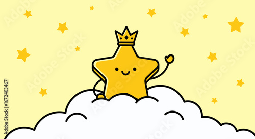 An Adorable Star Wearing A Crown Smiling While Sitting Atop A Cloud, Happy Concept