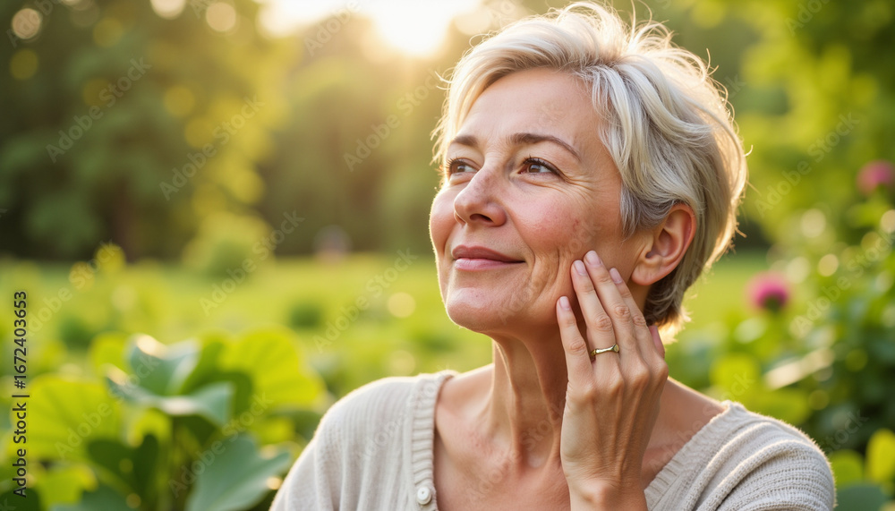 Elderly woman with wrinkles massaging SPF into cheeks while gardening Elderly woman with wrinkles massaging SPF into cheeks while gardening